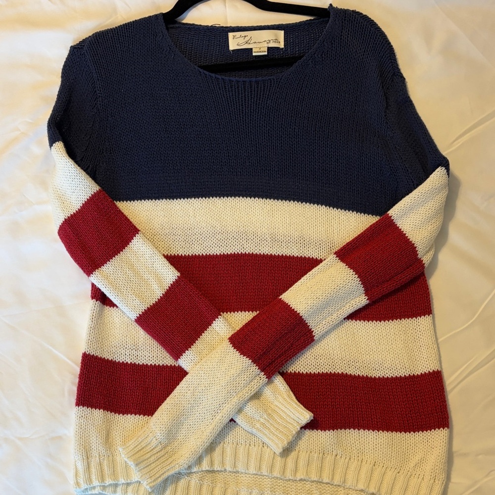 Vintage Havana Women's Sweater in Navy, Cream, and Red Stripes